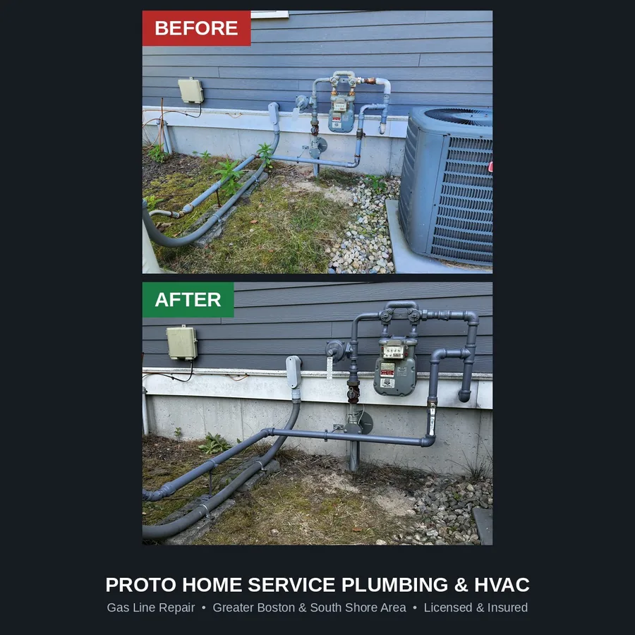 Before and after: the original meter assembly with rusted fittings and unsupported piping (above), compared to the re-piped, properly secured, and weather-coated installation (below).