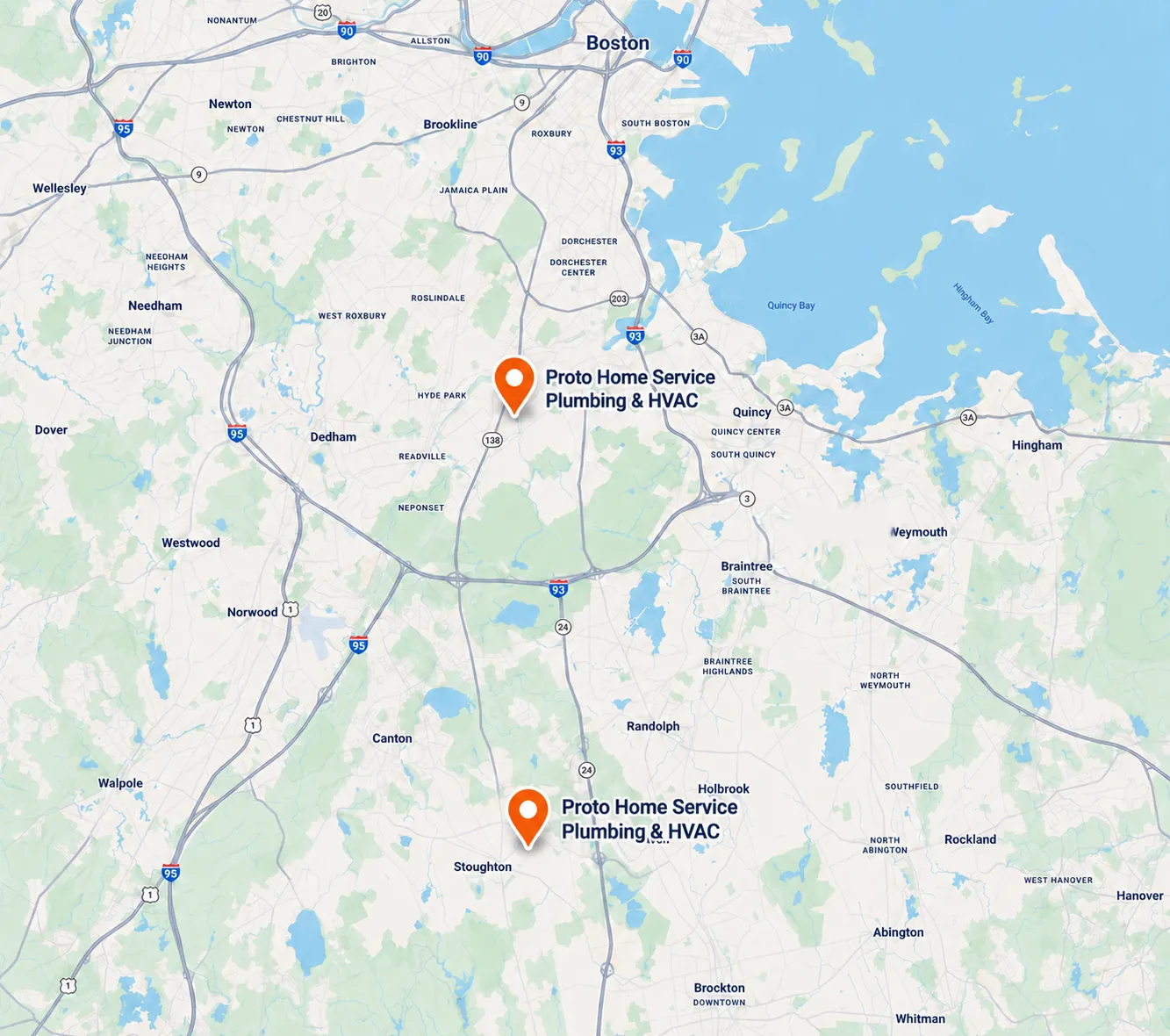 Map showing Proto Home Service coverage across Boston and the South Shore