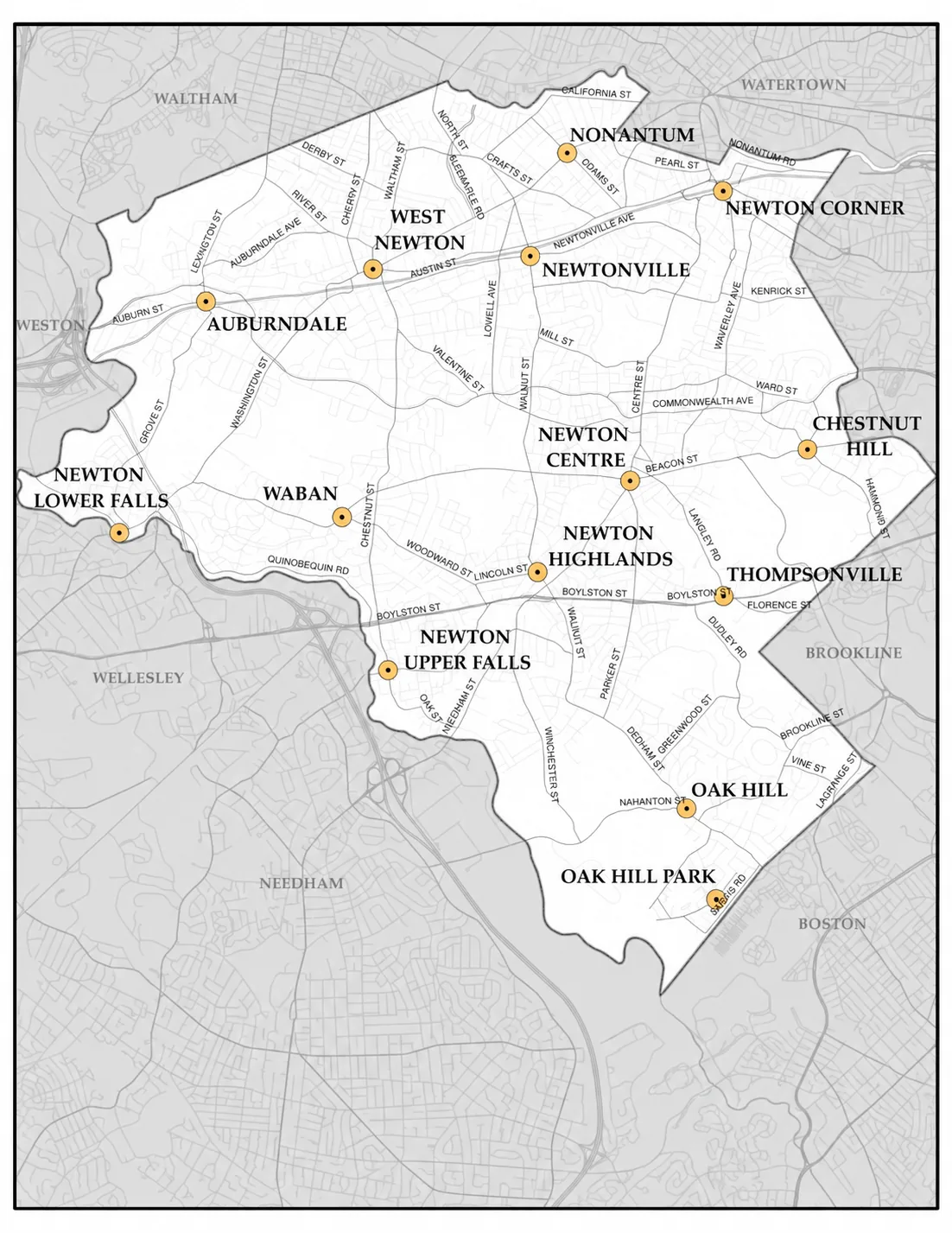 A Map View Of Newton, Massachusetts. Showing Newton And Its 13 Surrounding Villages