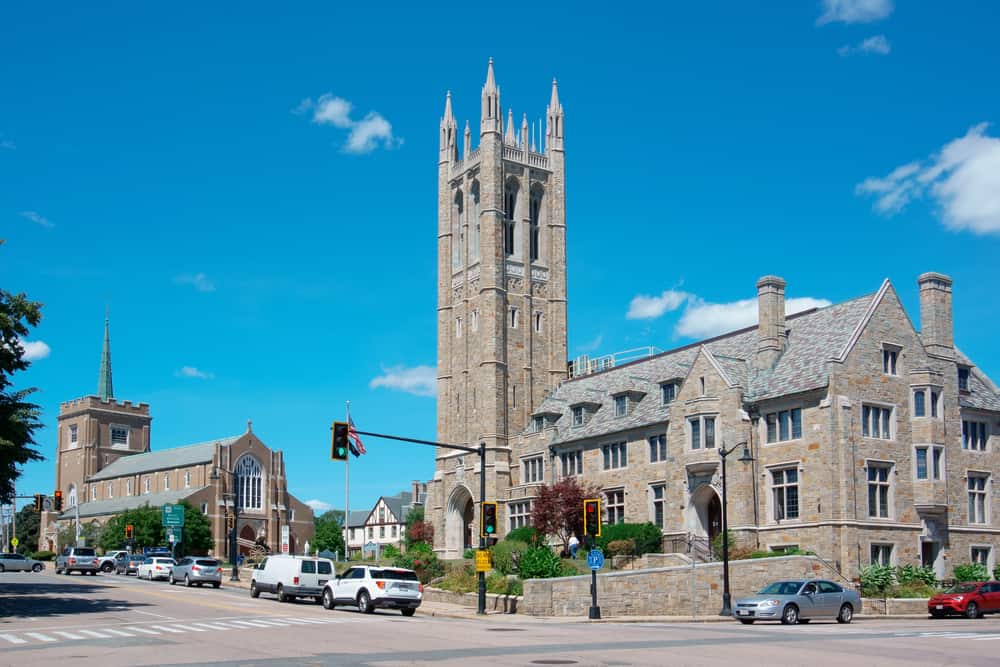 Norwood, MA town center with the Civic Center bell tower and stone church