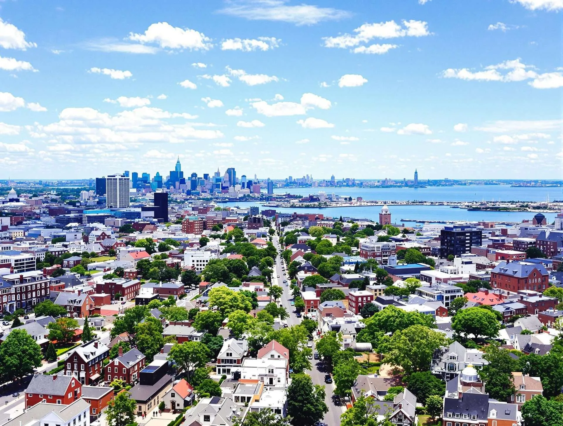 Aerial view of Quincy, MA neighborhoods with the Boston skyline in the background