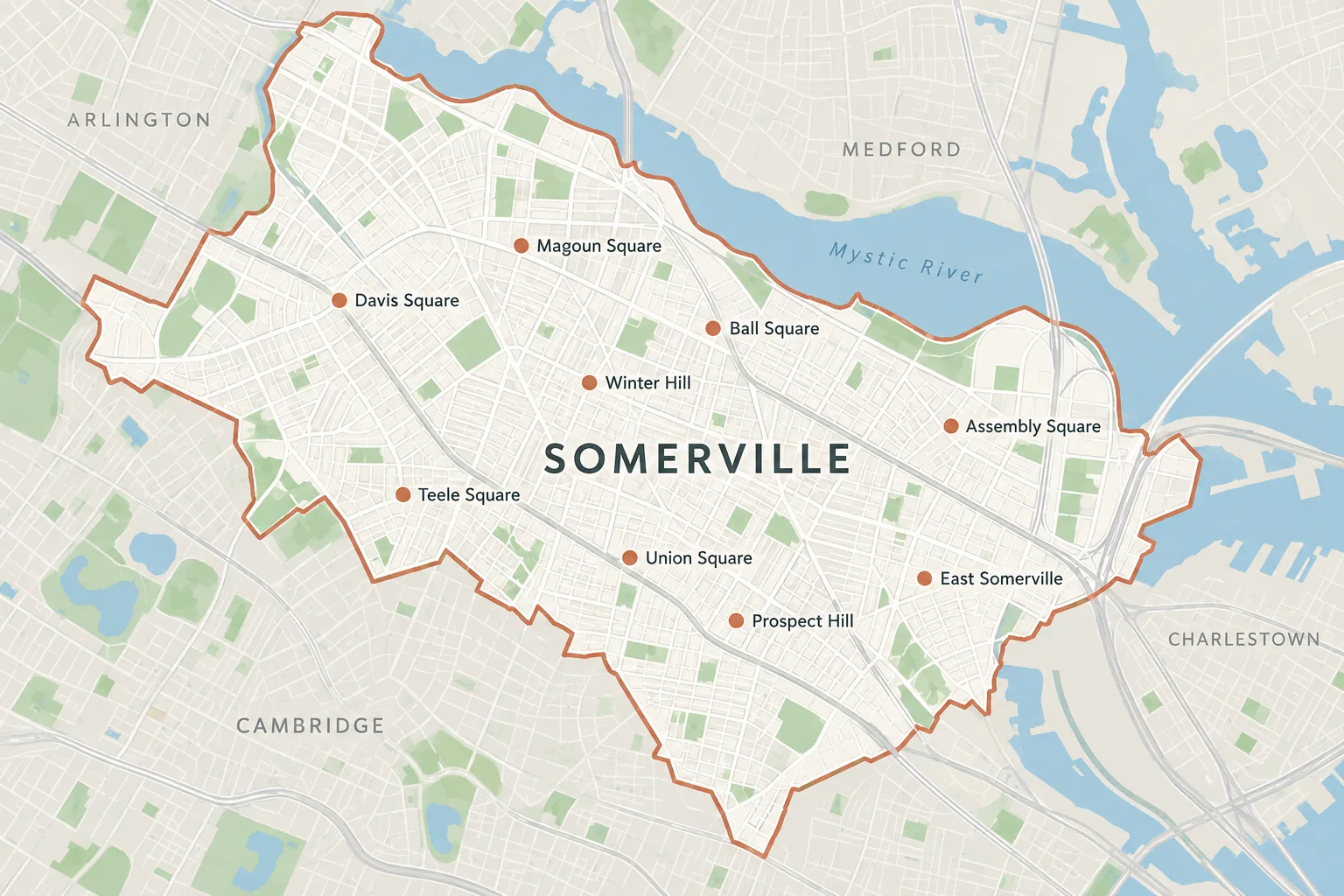 A Map View Showing Somerville, Massachusetts.