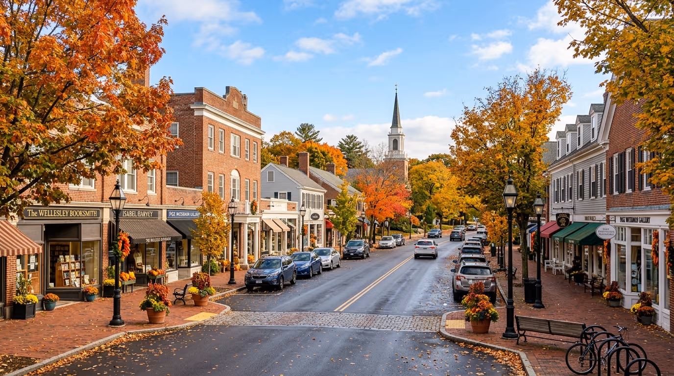 Wellesley, MA downtown shopping street decorated for autumn