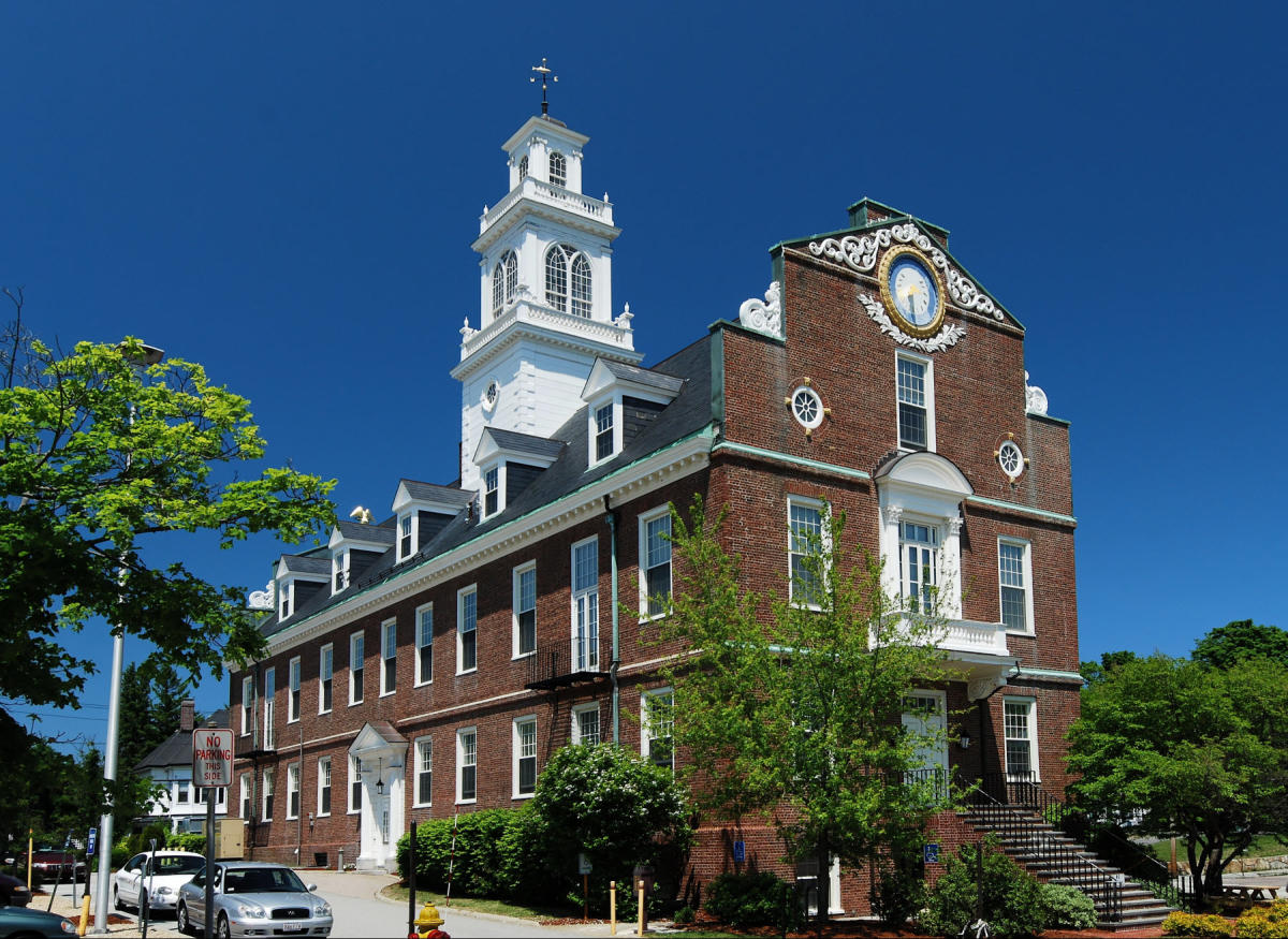 Weymouth, MA Town Hall, a red brick building with a white clock tower