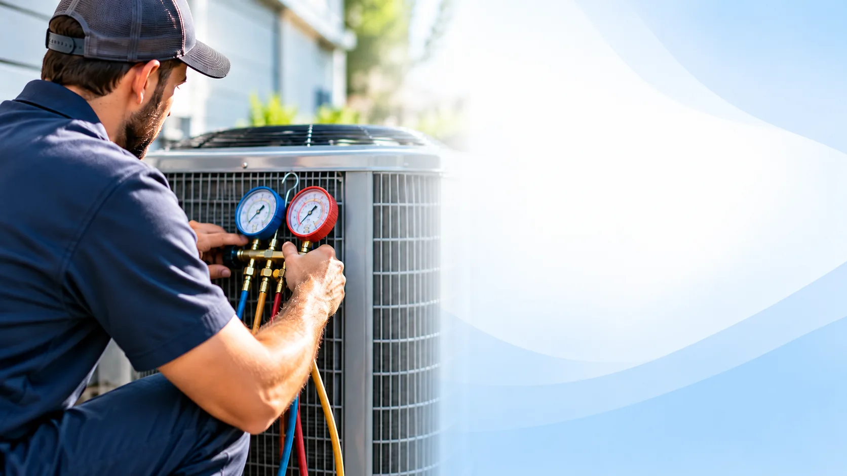 Proto Home Service technician checking an air conditioner with refrigerant gauges