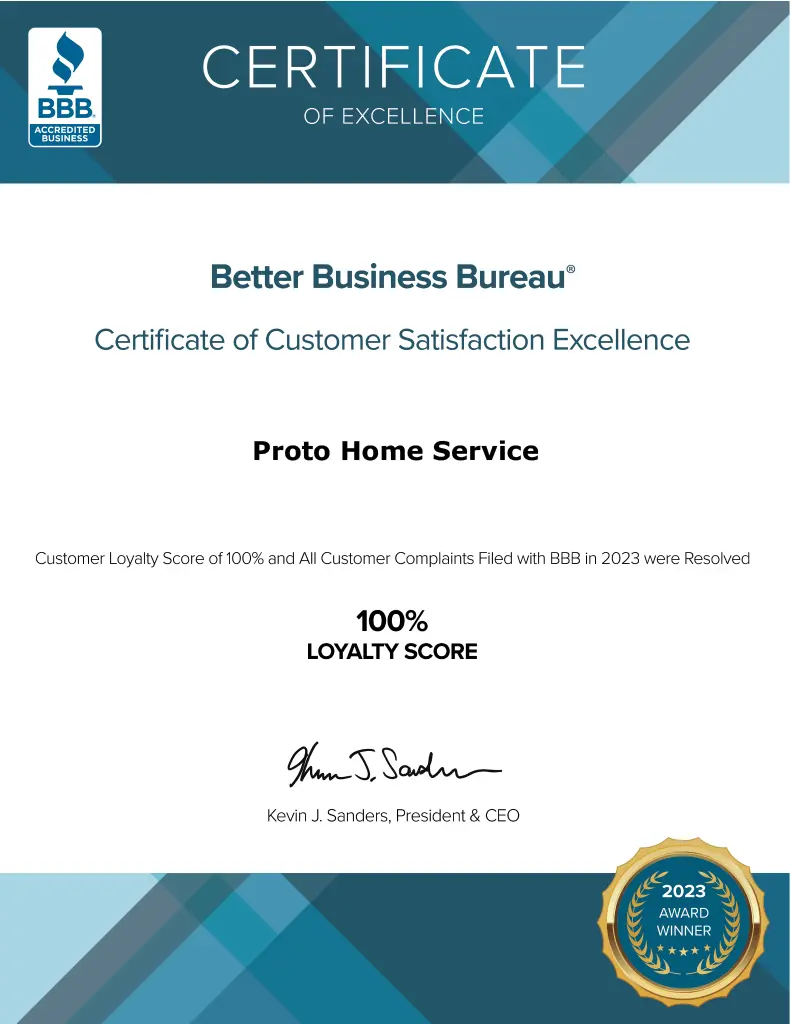 better business bureau certificate of excellece for proto home service